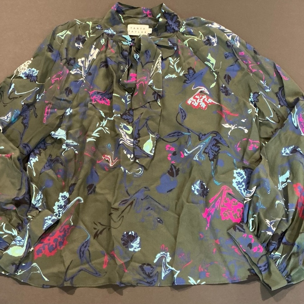 Tanya Taylor Silk Floral Tie Neck Blouse Green Multicolor Long Sleeve Size 6
